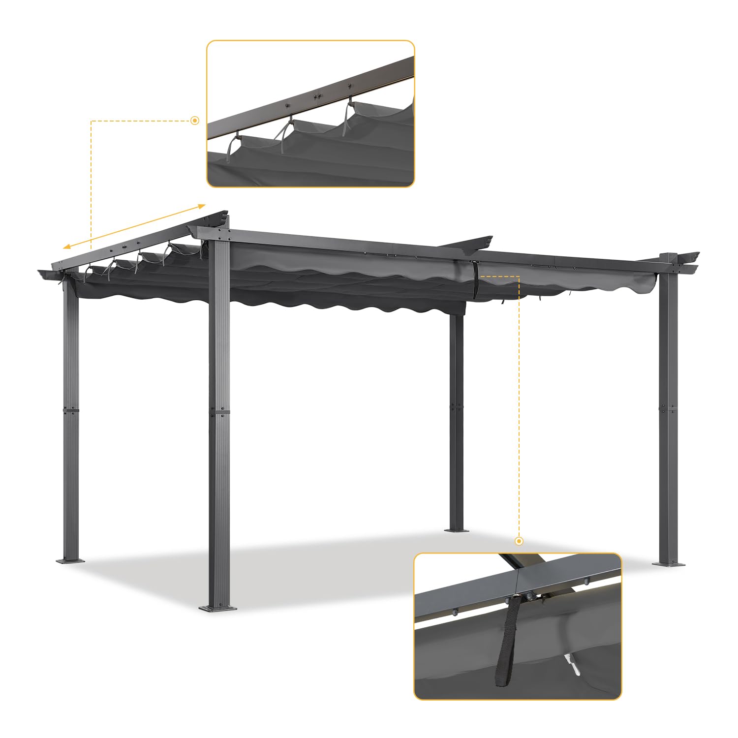 Angel Living Garten Pergola 3 x 4 m Pavillon Gartenpavillon aus Aluminium in anthrazit, Dachrohre aus Stahl, Verstellbares Dach aus Polyester Grau