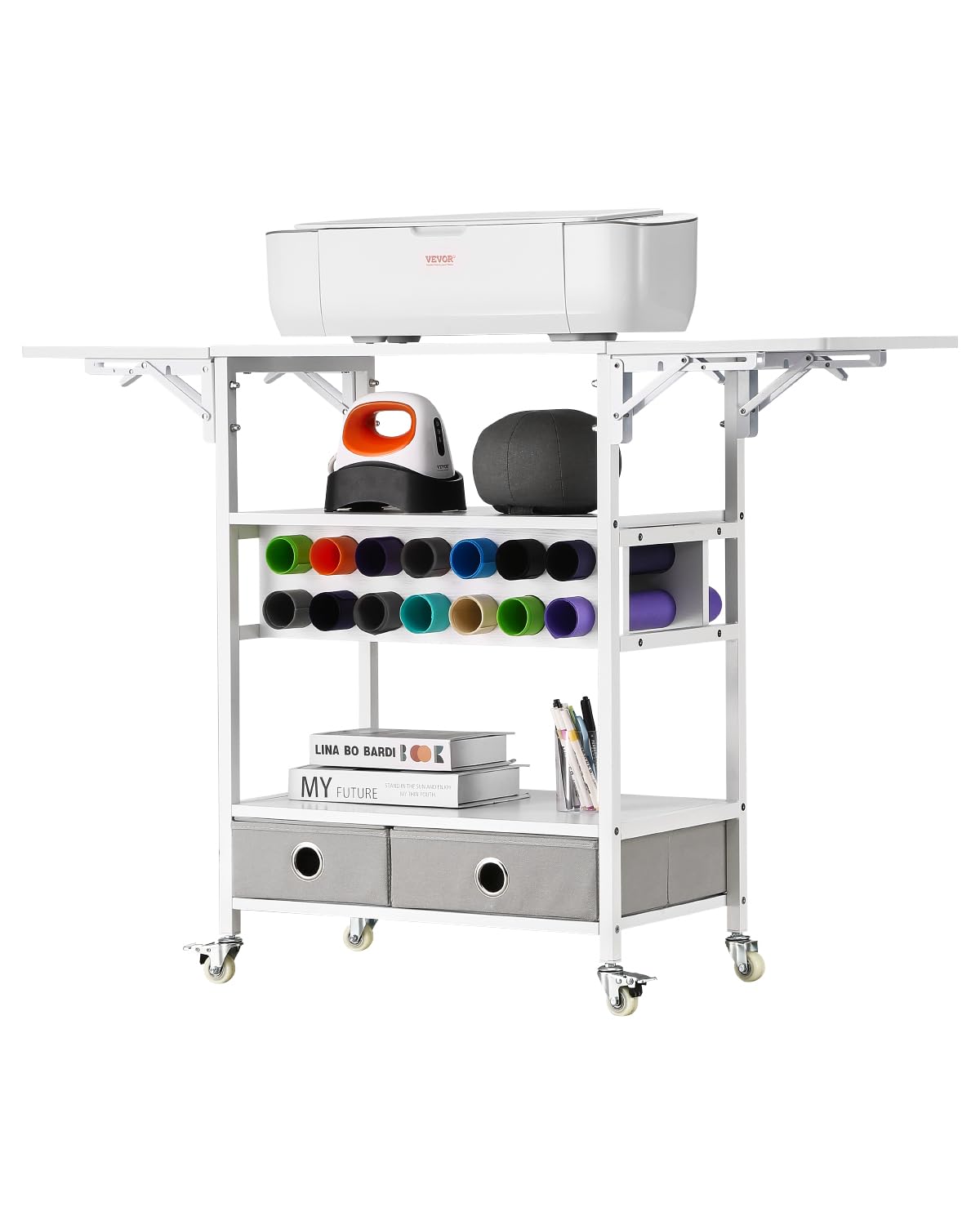 VEVOR Chariot de Rangement, Compatible avec les Plotters de Découpe, Table de Travail Artisanal, avec Côtés Pliables, Organisateur Mobile pour l'Artisanat avec 14 Porte-rouleaux de Vinyle et 2 Tiroirs