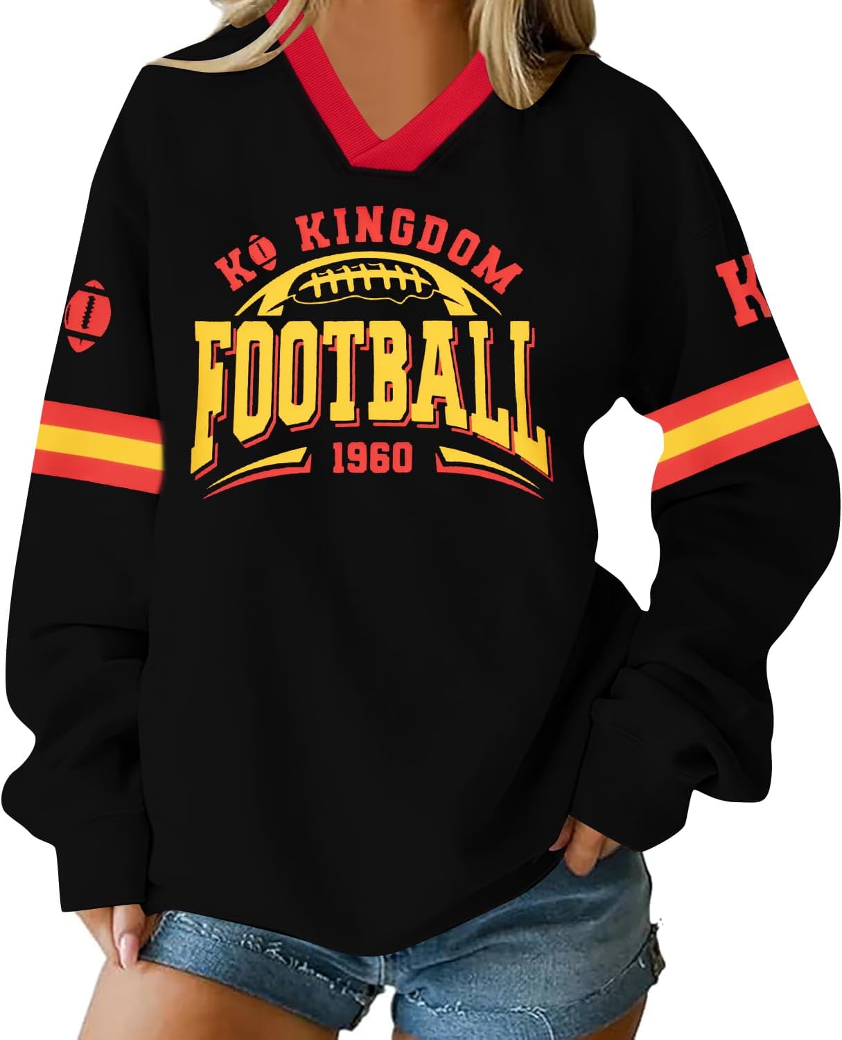 MYHALF Jersey Shirts for Women Football Fans Sweatshirt Game Day Outfits Sunday Funday Pullover V Neck Y2k Streetwear Tops