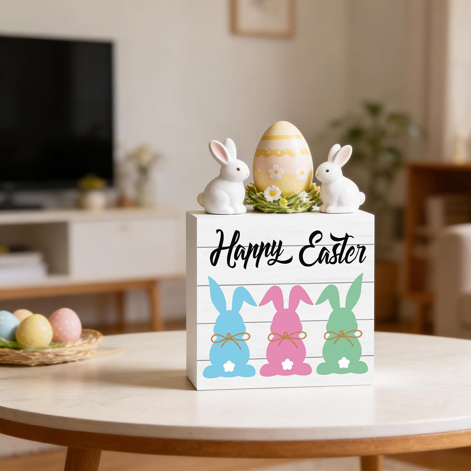 YUNKKIN Easter Table Decorations Easter Decorations Indoor Bunny Home Room Office Bathroom Wood Box Sign Rustic Wooden Shelf Desk Decor Season Sign House Warming Gifts 5.9 x 5.9 Inch Style 4