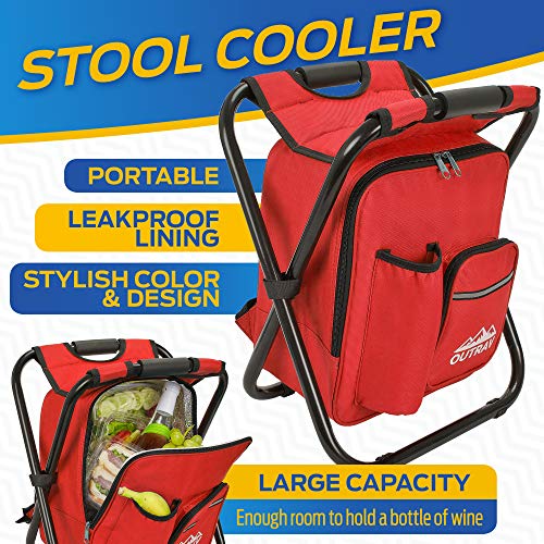 image for Red Backpack Cooler and Stool - Collapsible Folding Camping Chair and 