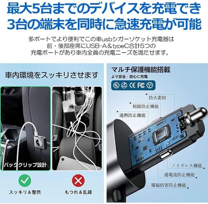 Amazon Co Jp Ishino Rojuken Mc Rojuken 2 Piece Set Long Cable Rapid Charging Car Charger 5 Ports 72 W Car Pd Qc3 0 Front And Rear Seats Set Of 2 Automotive