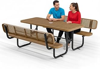 Commercial Heavy-Duty Metal Picnic Table with Backrest - ADA Compliant, Adjustable Seats, Umbrella Hole, Expanded Metal (Brown, 6' Rectangular with Back)