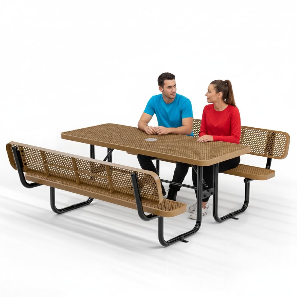 OUTTANS Commercial Heavy-Duty Metal Picnic Table with Backrest - ADA Compliant, Adjustable Seats, Umbrella Hole, Expanded Metal (Brown, 6' Rectangular with Back)