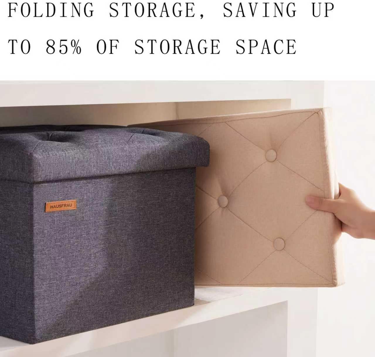 HAUSFRAU Ottoman with Storage Foot Rest Stool, Small Folding Footrest, Tufted Square Cube Seat for Living Room, Bedroom, Dorm, 12.2" x 16.5"x 12.2", Linen Espresso Brown