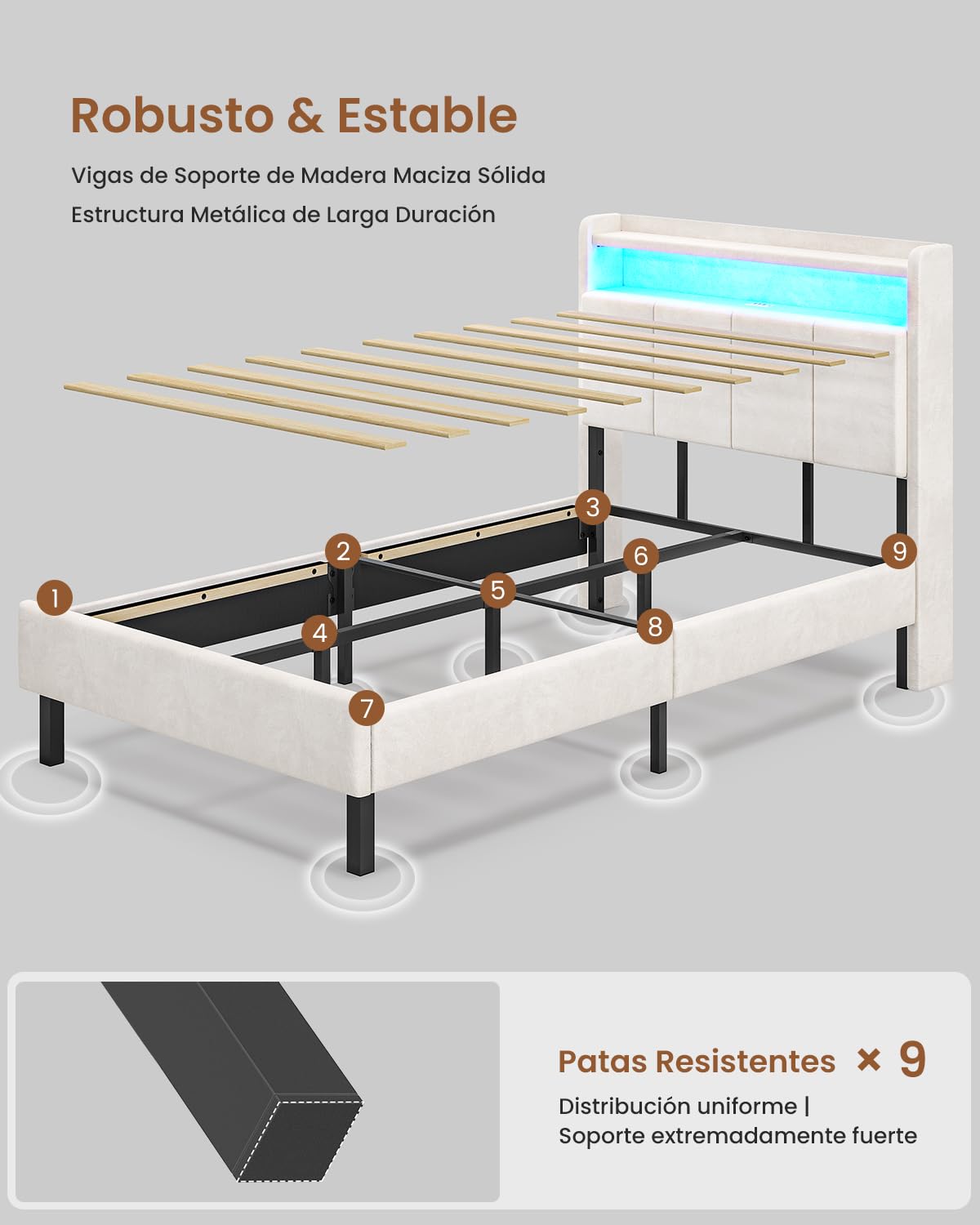 AOGLLATI Letto Singolo con Contenitore 90x190, Letto Singolo Imbottito con Ampio Spazio di Stivaggio, Struttura Letto Contenitore con Luci LED Regolabili e Stazione di Ricarica, Velluto Beige