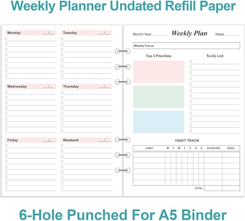Miniatura 2 de Recambios de agenda semanal para carpetas A5, 53 hojas106 páginas, planificador semanal colorido sin fecha, 6 agujeros perforados, papel blanco de