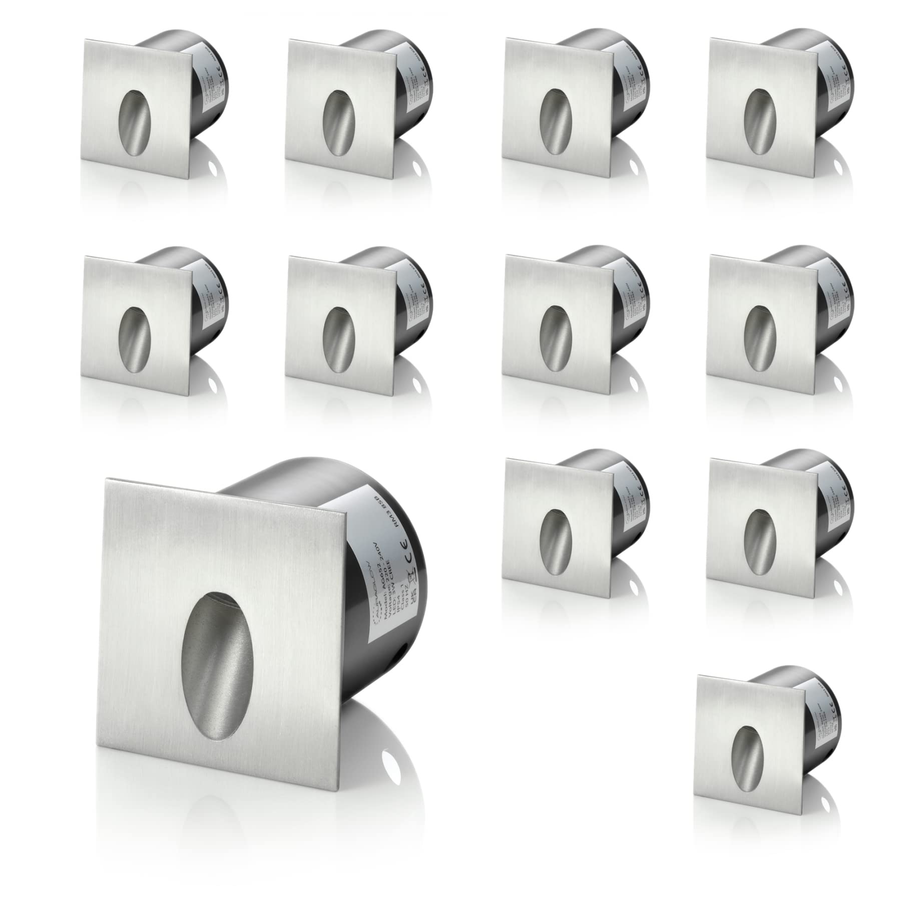 Auraglow Recessed Inset Integrated LED Wall Marker Light 3000K Warm White Indoor/Outdoor Use – Brushed Steel - Square - 12 Pack