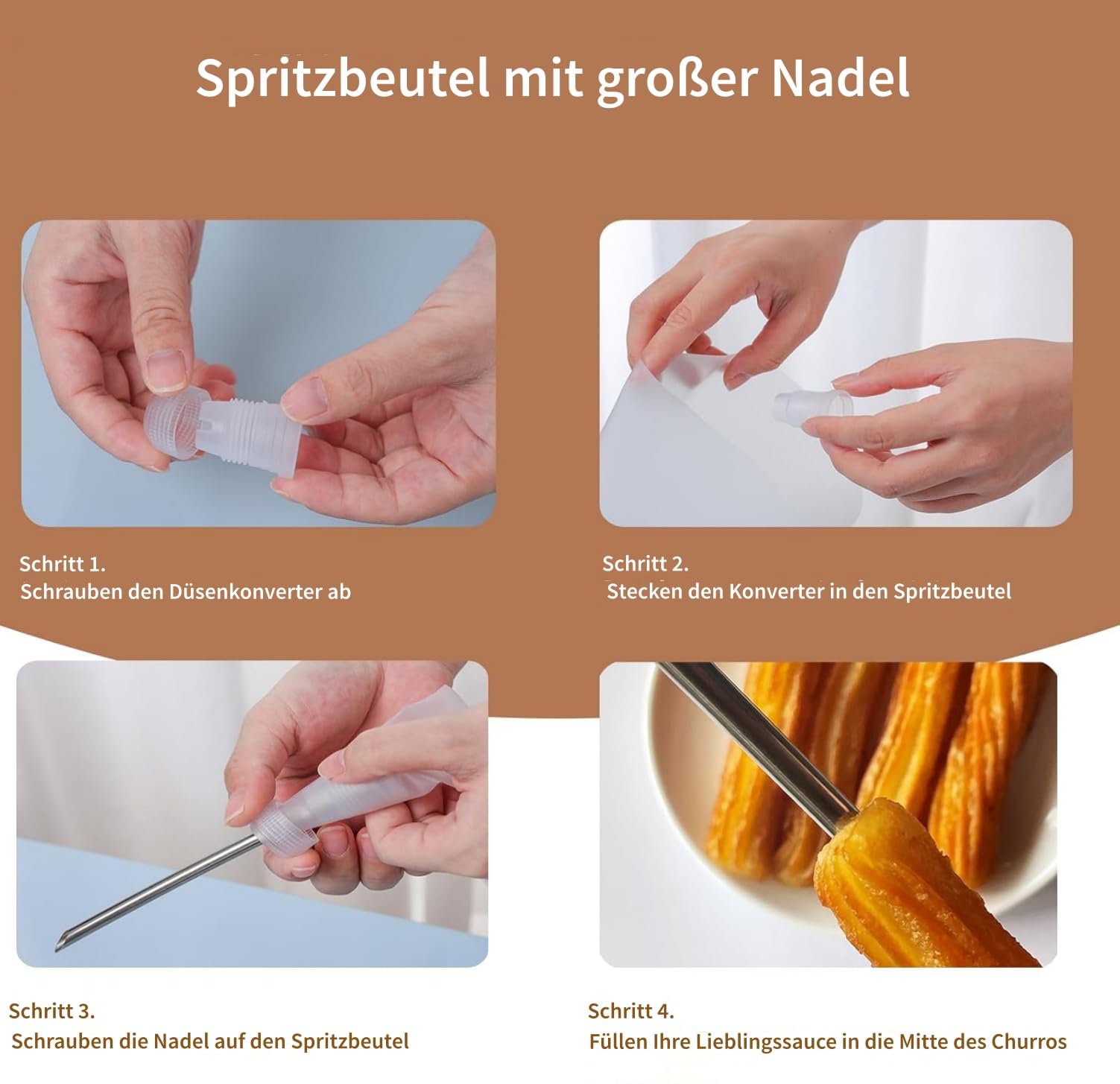 Churrera mit 3 Düsen in verschiedenen Formen, Churrens für Churros, Spritzbeutel mit Düsen für Verschiedene Dekorationen, Churros Maschine Ø 5,6 x 21 cm