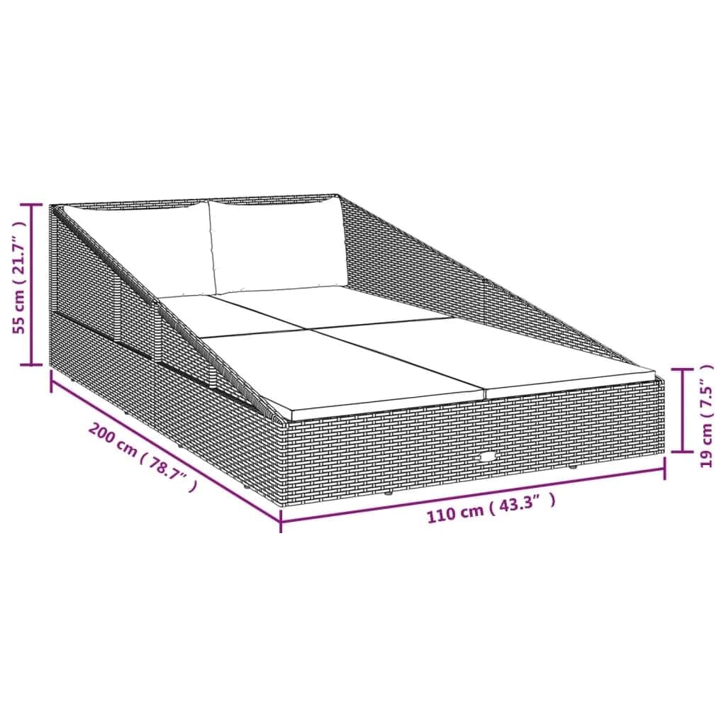 Lit de jardin 110 x 200 cm en rotin PE, chaise longue pour jardin et terrasse, île de salon avec 4 coussins d'assise et 2 coussins, marron