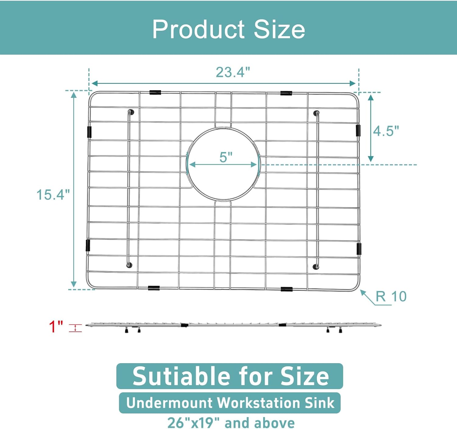 Stainless Kitchen Sink Protector - S304 Sink Grids for Bottom of Kitchen Sink, 24" x 16" with Rear Drain for Single Bowl Workstation Sink with Corner Radius