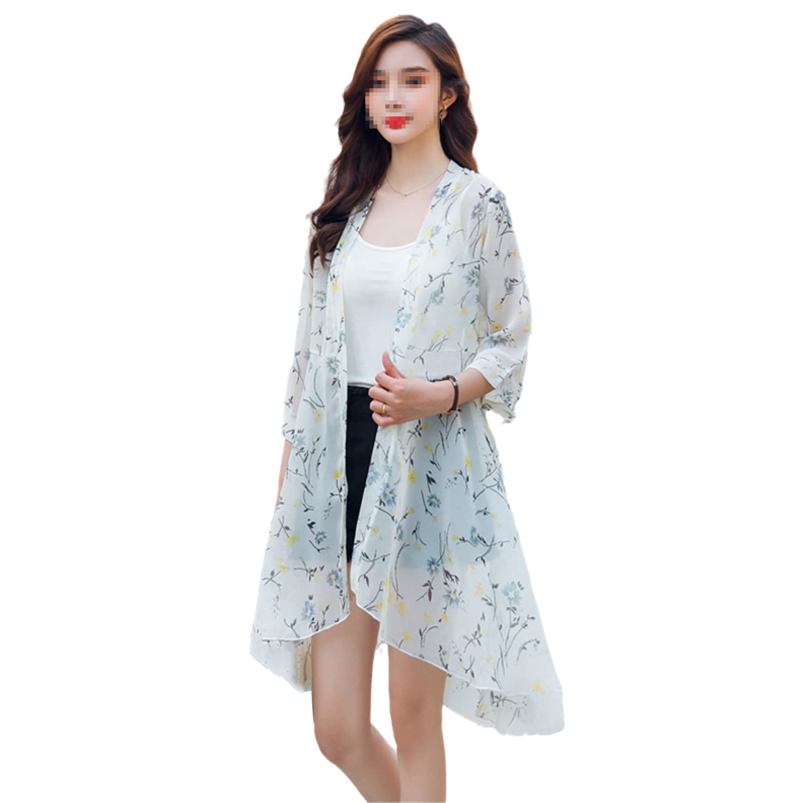 Frauen Chiffon Sonnenschutz Lange Jacke Cardigan Kimono Mantel Sommer Asymmetrisch Strand Dünnes Shirt, Farbe 1, 46
