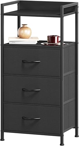 Miniatura 9 de Somdot - Mesita de noche con 4 cajones, cajonera vertical con estructura de acero resistente, parte superior de madera y cajones de tela fáciles de