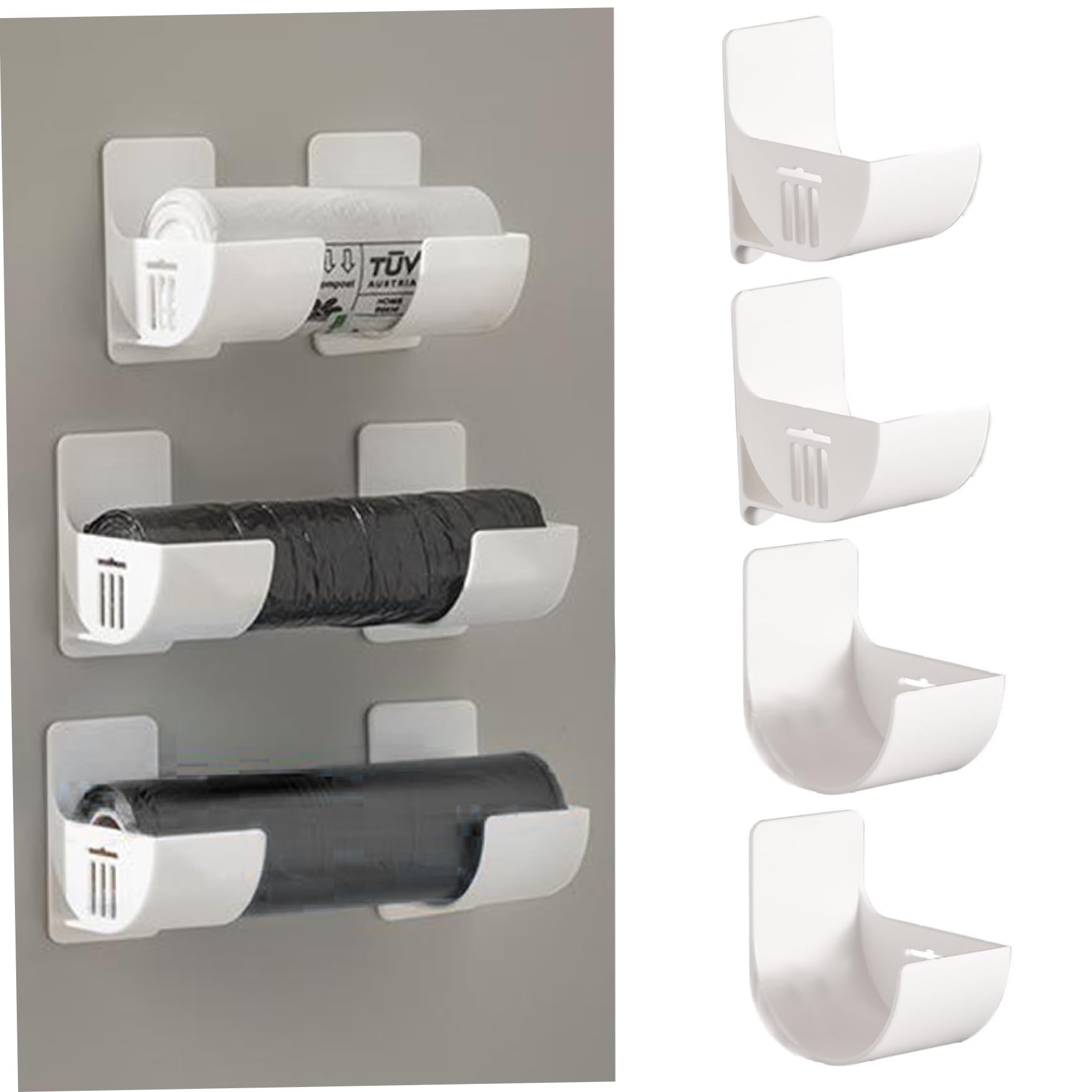 Pesoncarl Trash Bag Holder, 4PCS Wall Mounted Trash Bag Dispenser, Waterproof Self-Adhesive Garbage Bag Dispenser, Adjustable Length Plastic Bag Holder for Kithcen Bathroom, Carrier Bag Bins