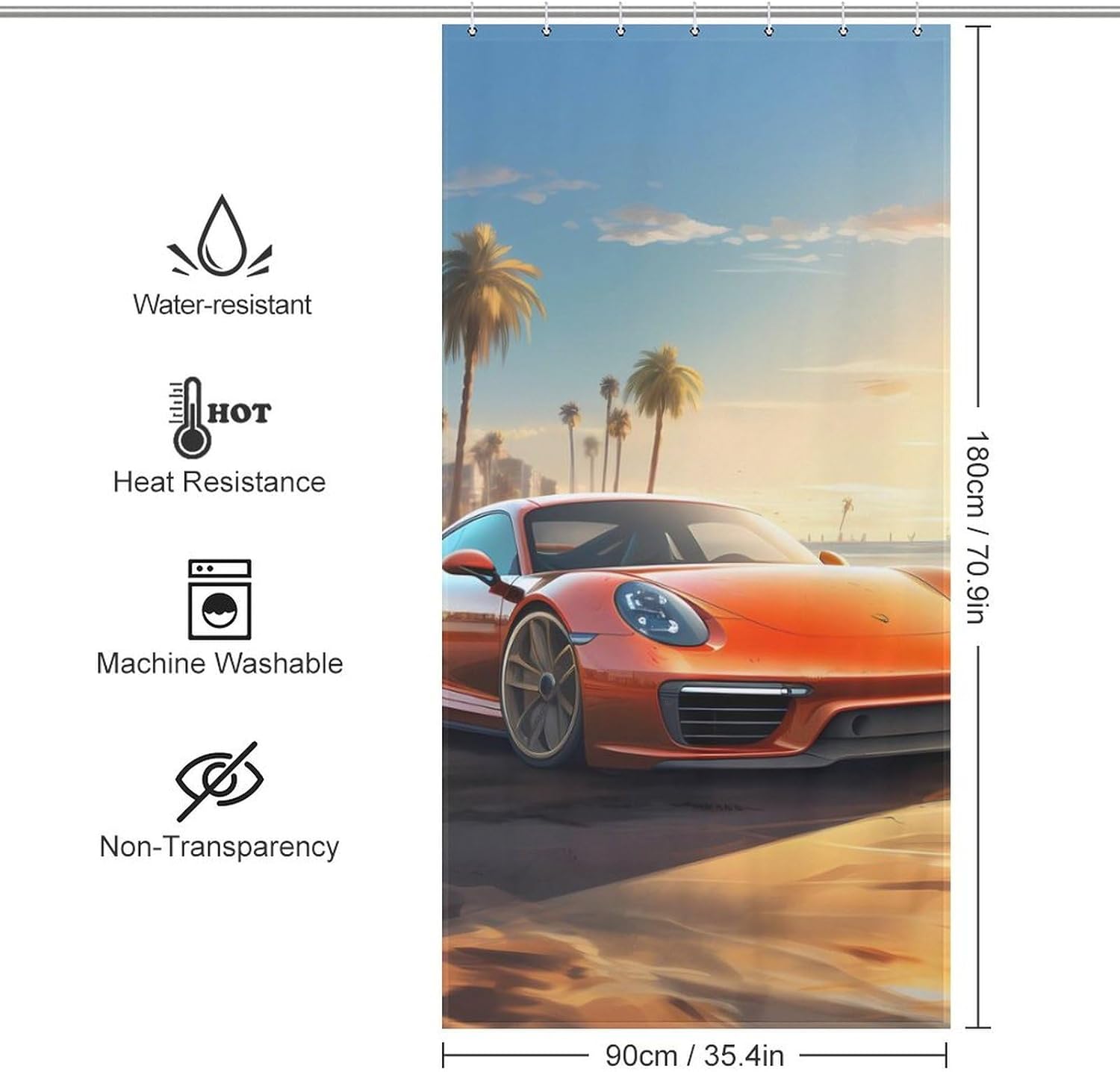 Sport Car Beach Sunset Funny Shower Curtains Washable Bath Curtain Liner with Hooks for Bathroom Bath Tubs