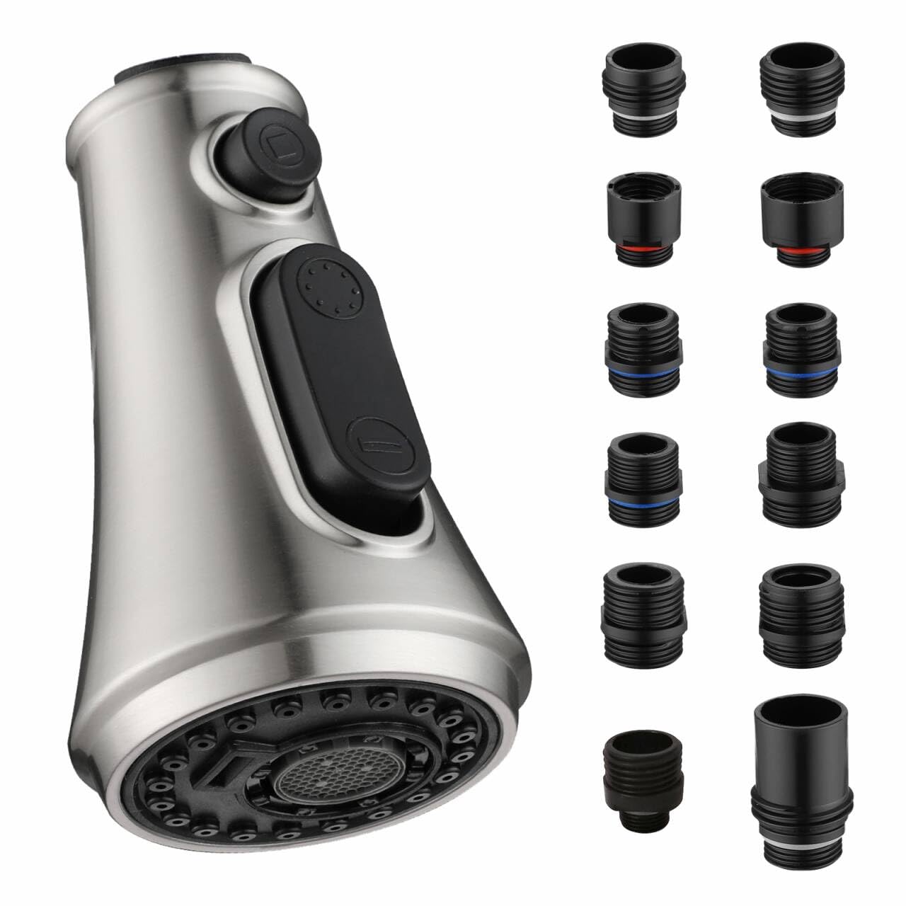 RULIA Kitchen Faucet Head Replacement with 12 Adapters, 4 Functions Kitchen Faucet Replacement Parts, Spray Nozzle, Brushed Nickel, RB3037