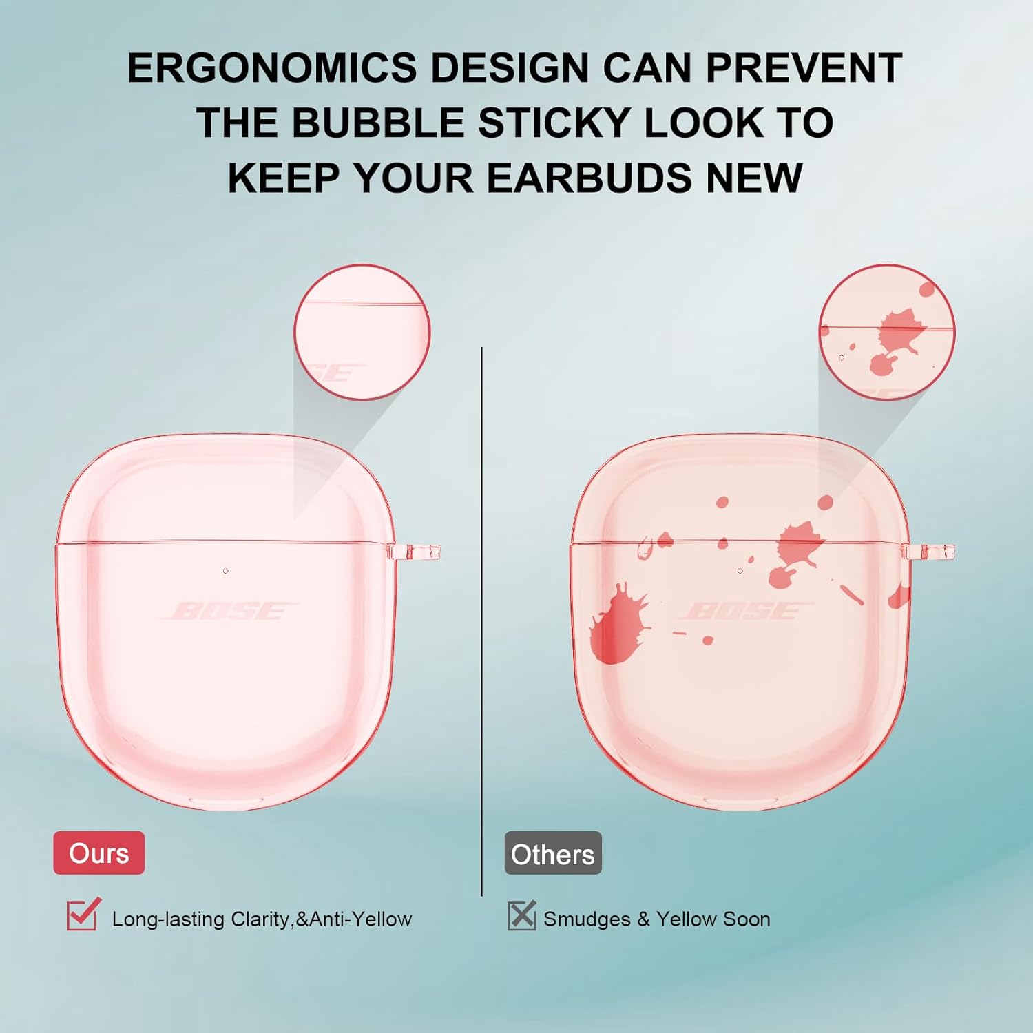 for Bose QuietComfort Earbuds II 2022/QuietComfort Ultra 2023 Case Clear,Full Protective Soft Transparent TPU Cover for Bose QC 2 Earbuds with Carabiner and Cleaning Pen-Pink - Image 5