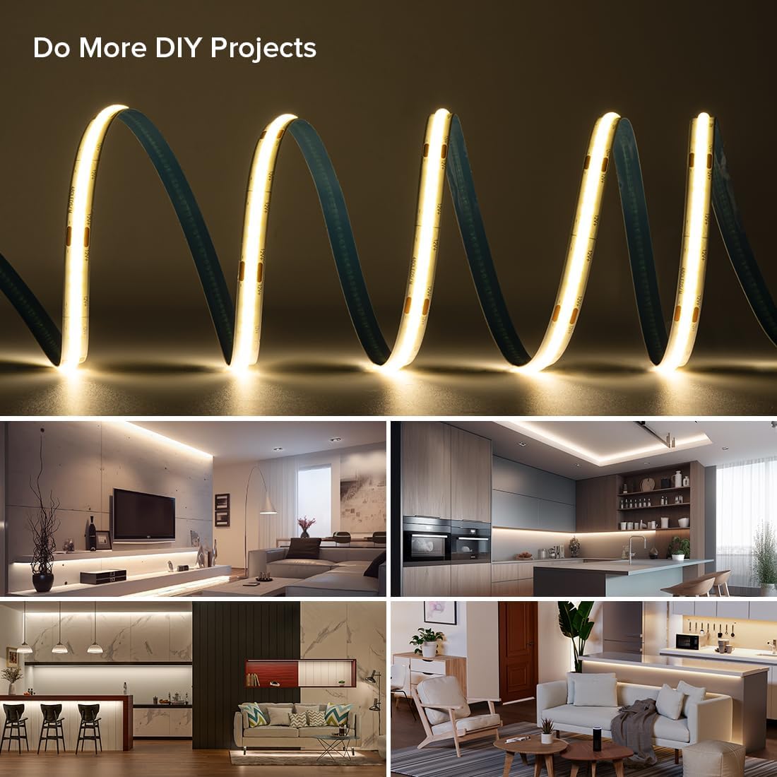 COB LED Strip Light 32.8FT Flexible High Density Uniform Cob Strips 24V Natural White 4000K 320LEDs/m CRI 90+ Dimmable 8mm LED Tape Lights for Under Cabinet, No Power/Controller