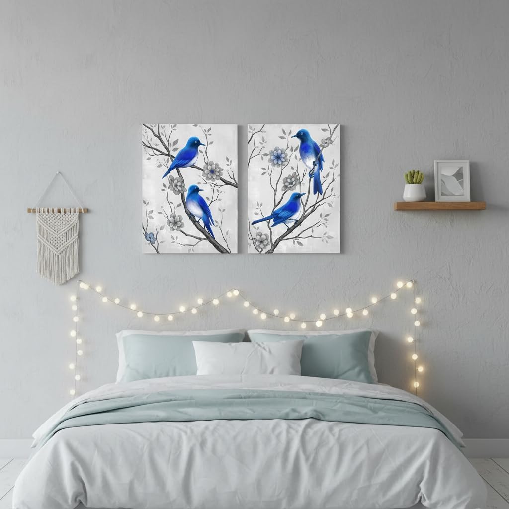 FuShvre Blue Grey Pictures Wall Decor Blue Bird and Flower Canvas Art Prints Spring Painting for Kitchen Bedroom Bathroom 12"x16" Each