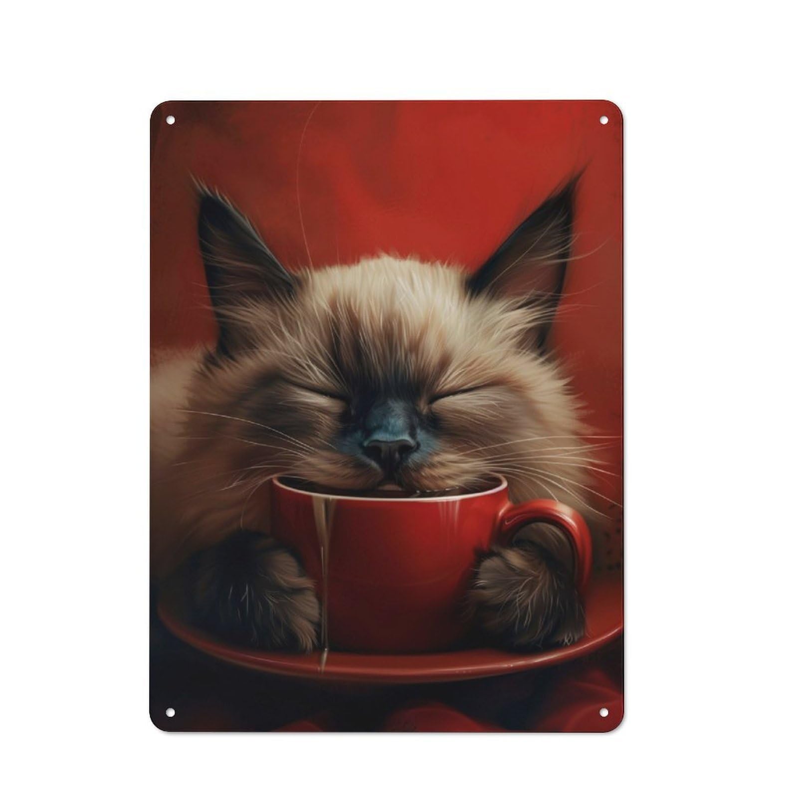 Junmoney Siamese Cat With Coffee Retro Metal Plaque 40X30cm For Dining Room Or Kitchen, For Kitchen, Dining Room And Home Bar Wall Decor