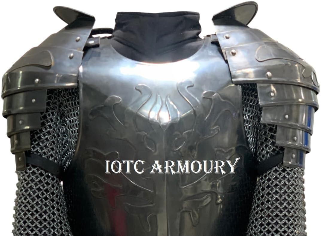 Medieval Knight Darkened Steel Breastplate with Pair of Pauldron-Cuirass Body Armor Perfect for Reenactment, LARP, Cosplay Replica, Fantasy & Halloween Party Armor Costume