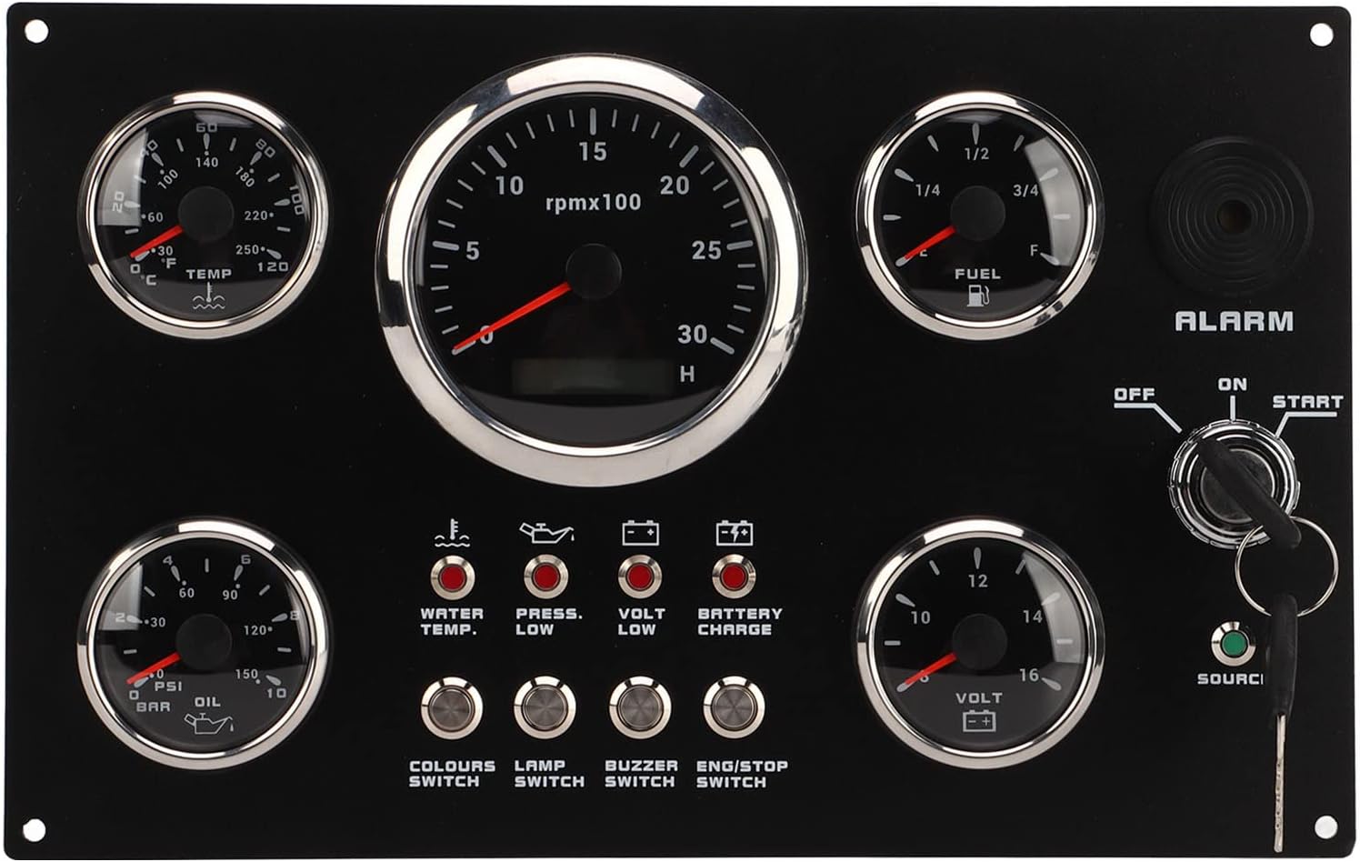 Boat Gauge Set Instrument Panel, 5 Gauge Set Instrument Panel 12V 7 Colors Oil Level Water