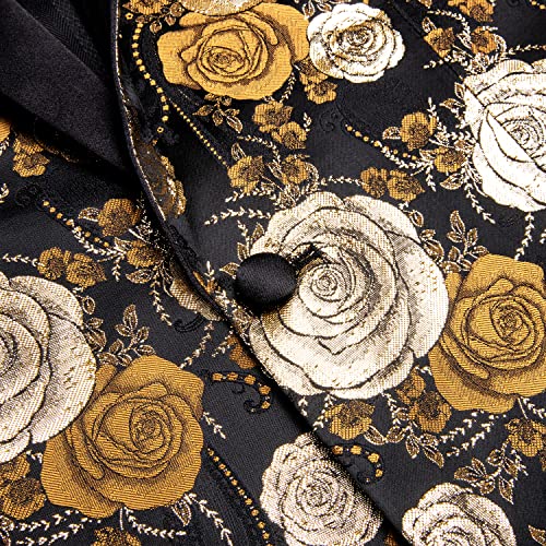Hi-Tie Mens Stylish Black And Gold Flower Tuxedo Dress Blazer Shawl Lapel One Button Sequins Suit Jacket Coat Party Dinner #TOP2