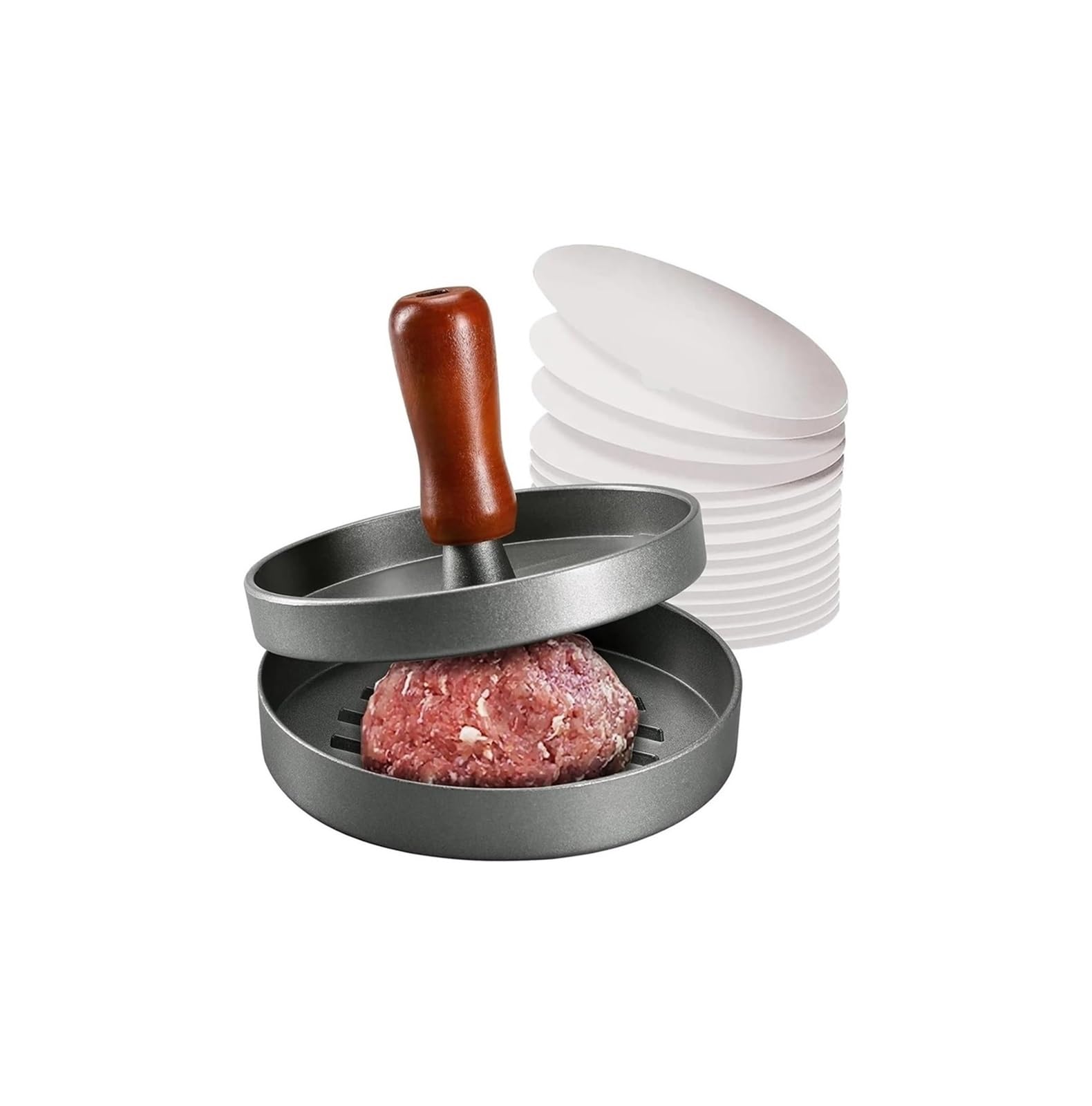 Hamburger-Patty-Maker, Burgerpresse Patty Maker Edelstahl Hamburgerform Holzgriff antihaftbeschichtet mit 100 Papieren