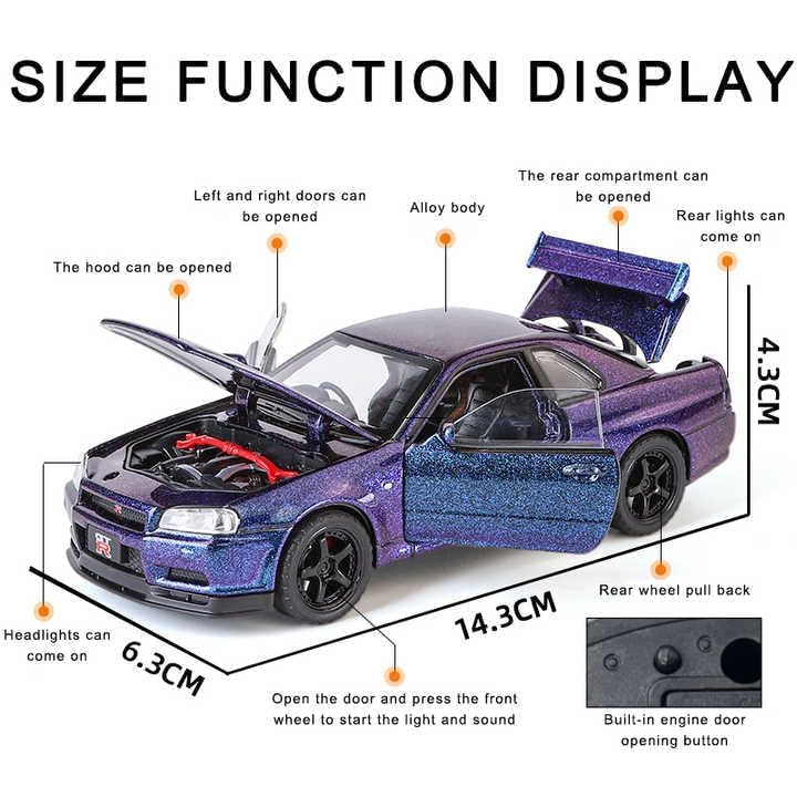 Image of Scale 1:32 Nissan Skyline GTR-R34 - Blue Alloy Diecast Pullback Metal Car Toy with Sound Light & Opening Doors - Best Gift Toy for Kids