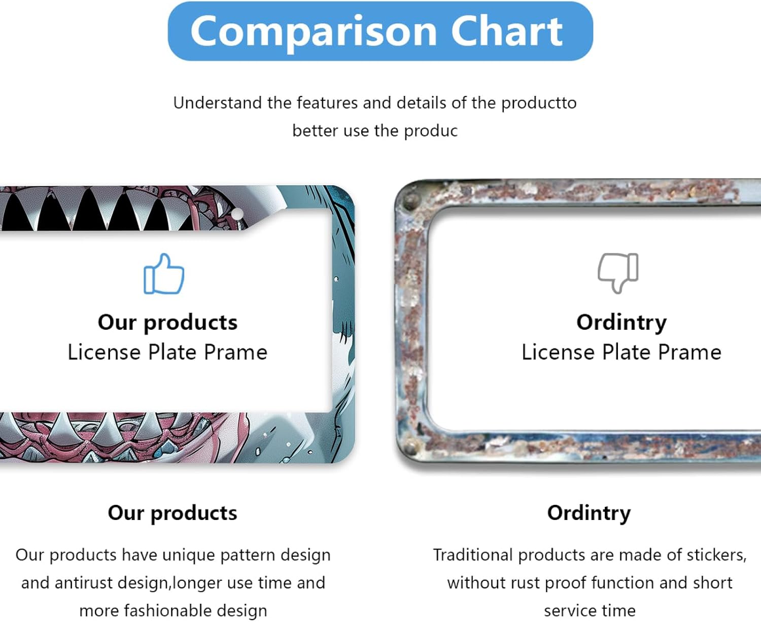 Shark Teeth License Plate Frame Funny Fantastic Brutal License Plate Personalise License Plate Frames Rust-Proof Stainless Steel Metal Car Plates Tag Funny Decor Men Women 12.2" X 6.2" - Image 5