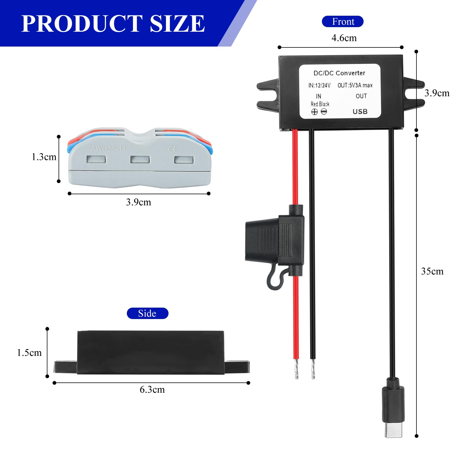 USB C Step down 12V/24V a 5V 3A 15W dc dc converter Buck Volt