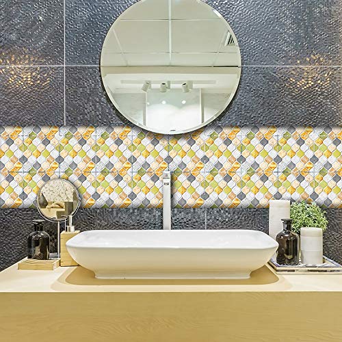 Alwayspon 10Pcs Peel & Stick Wall Tile Transfers Sticker for Home Decor, Self-Adhesive Mosaic Tile Decals for Bathroom Kitchen Backsplash Decor, 8x8inch(20x20cm), Gery&Yellow Vine