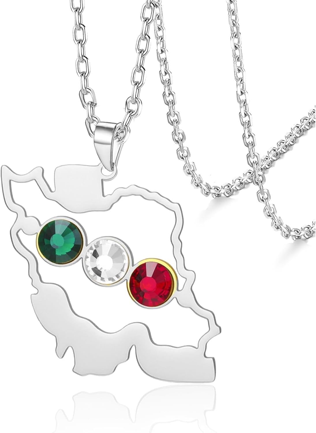 GIOFEOIK Iran Map Pendant Necklace with Dove Flag Colour CZ Stainless Steel Persian Patriotic Jewellery Gift for Women Men, Silver 3