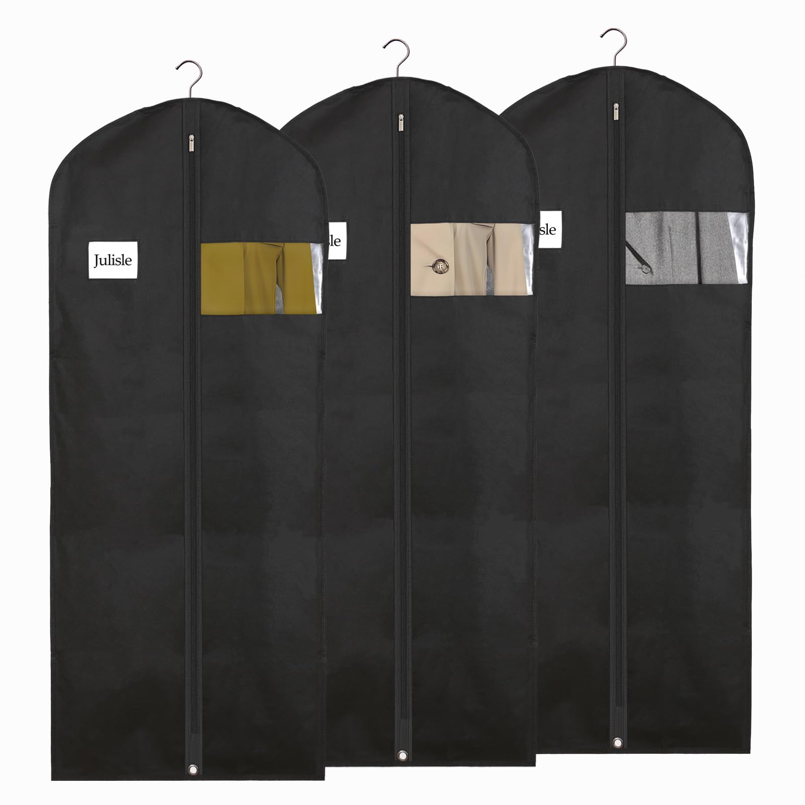 Julisle 60-Inch Long Dress Bag Garment Cover Coat Bag with Zipper & Viewing Window, Black, 24''×60'' - 3pcs