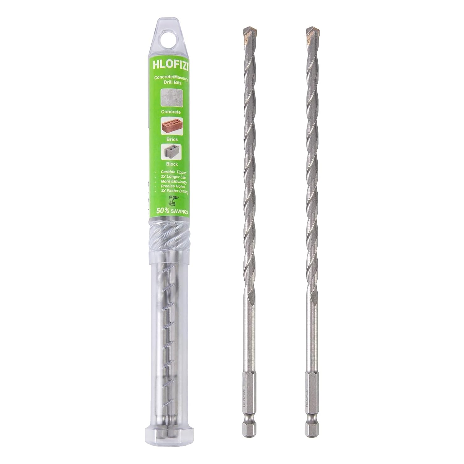 3/16" x 8" Masonry Drill Bits (2 Pack) Concrete Hammer Drill Bits Carbide Tipped, for Cement, Brick, Stone, Hex Shank
