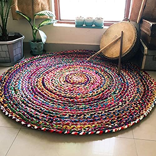 Image of Jute Braided Natural Hand Woven & Reversible Rug for Living Room Kitchen Entryway, Farmhouse Rustic Burlap Carpet Floor Mat (Cotton, 150cm)
