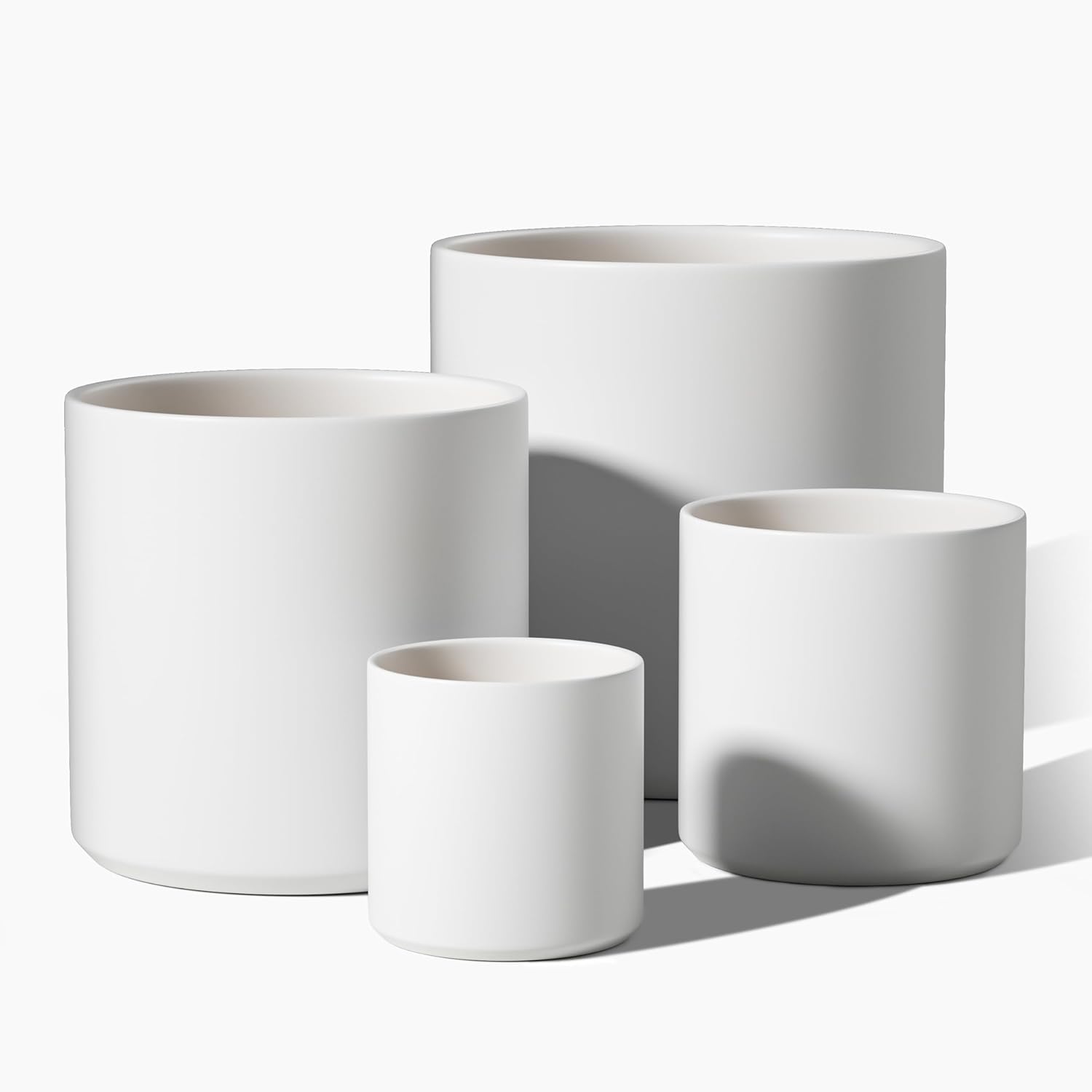 LE TAUCI Large Plant Pots Set, 12/10/8/6 Inch Ceramic Planters for Indoor Plants, Mid-Century Modern Flower Planter Pots with Drainage Hole and Plug, Cylinder Round Planter Pots, Set of 4, White