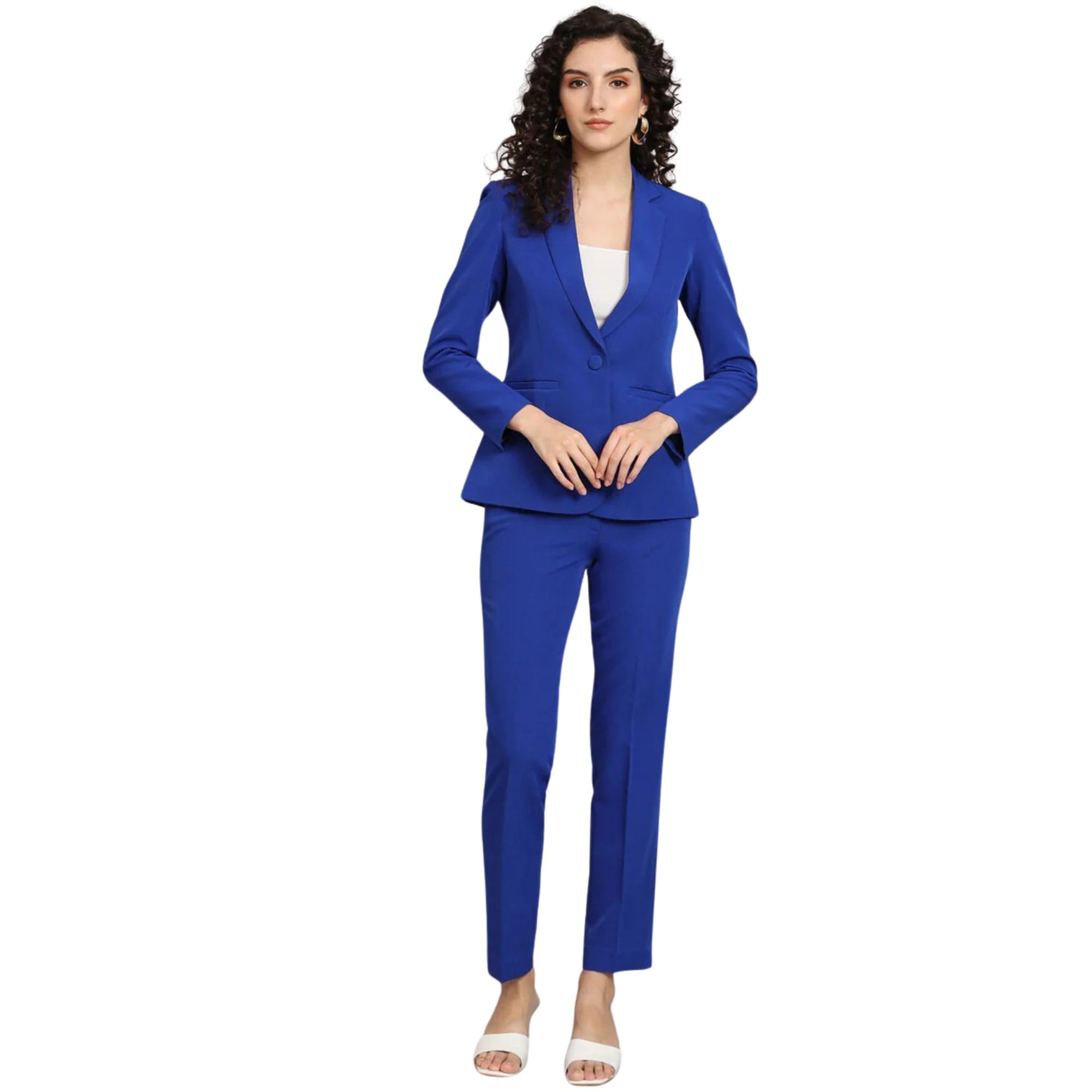 powersutra Women's Ink Blue Notch Collar Stretch Suit with Blazer & Trousers | Single-Breasted | Button Closure | Elastic Waist Pants-picture-27