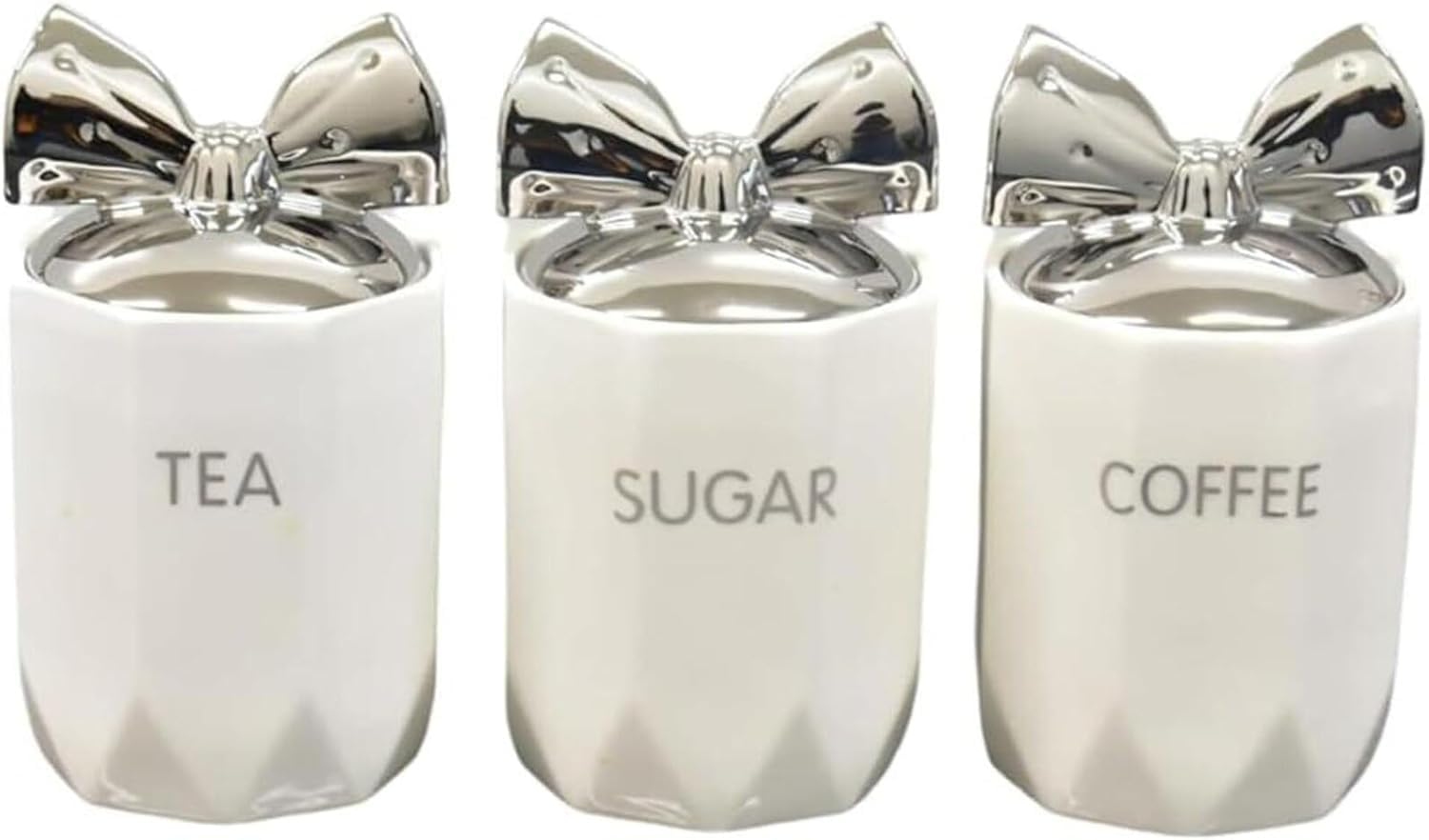 JAYOGLA Marble Effect Ceramic Kitchen Canisters, Set of 3, Tea Coffee Sugar Storage Jars, Silver Bow Lid (White)