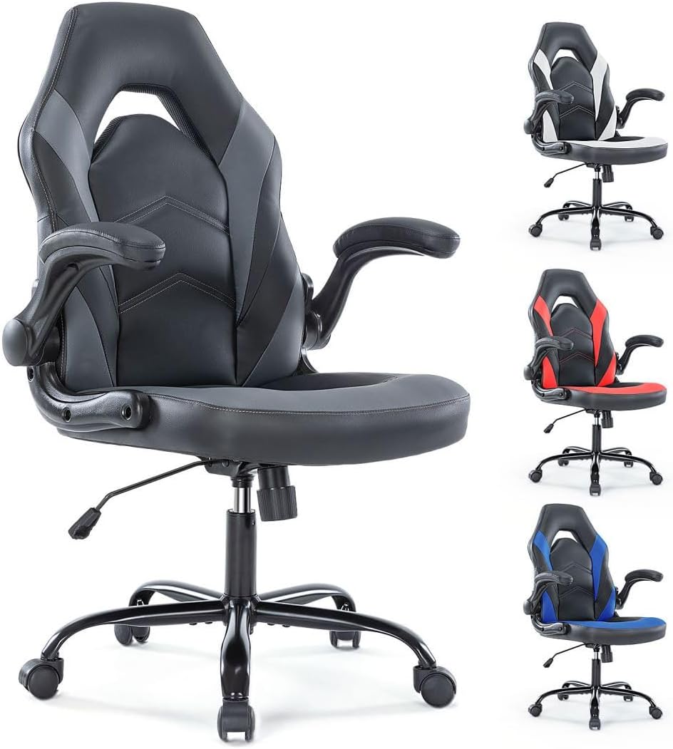 Heavy Duty Gaming Chair Ergonomic Gamer for Home Office with Lumbar Support, Adjustable Backrest, Flip-Up Armrest and Stable 360° Swivel Wheels for Adults, Professional Gamers and Teens, Black-Blue