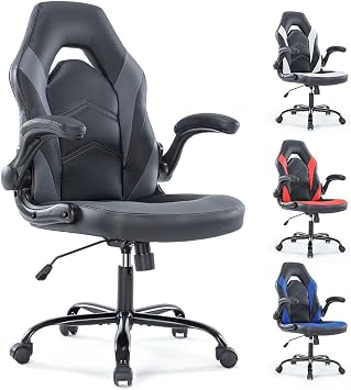 Heavy Duty Gaming Chair Ergonomic Gamer for Home Office with Lumbar Support, Adjustable Backrest, Flip-Up Armrest and Stable 360 Swivel Wheels for Adults, Professional Gamers and Teens, Black-Grey