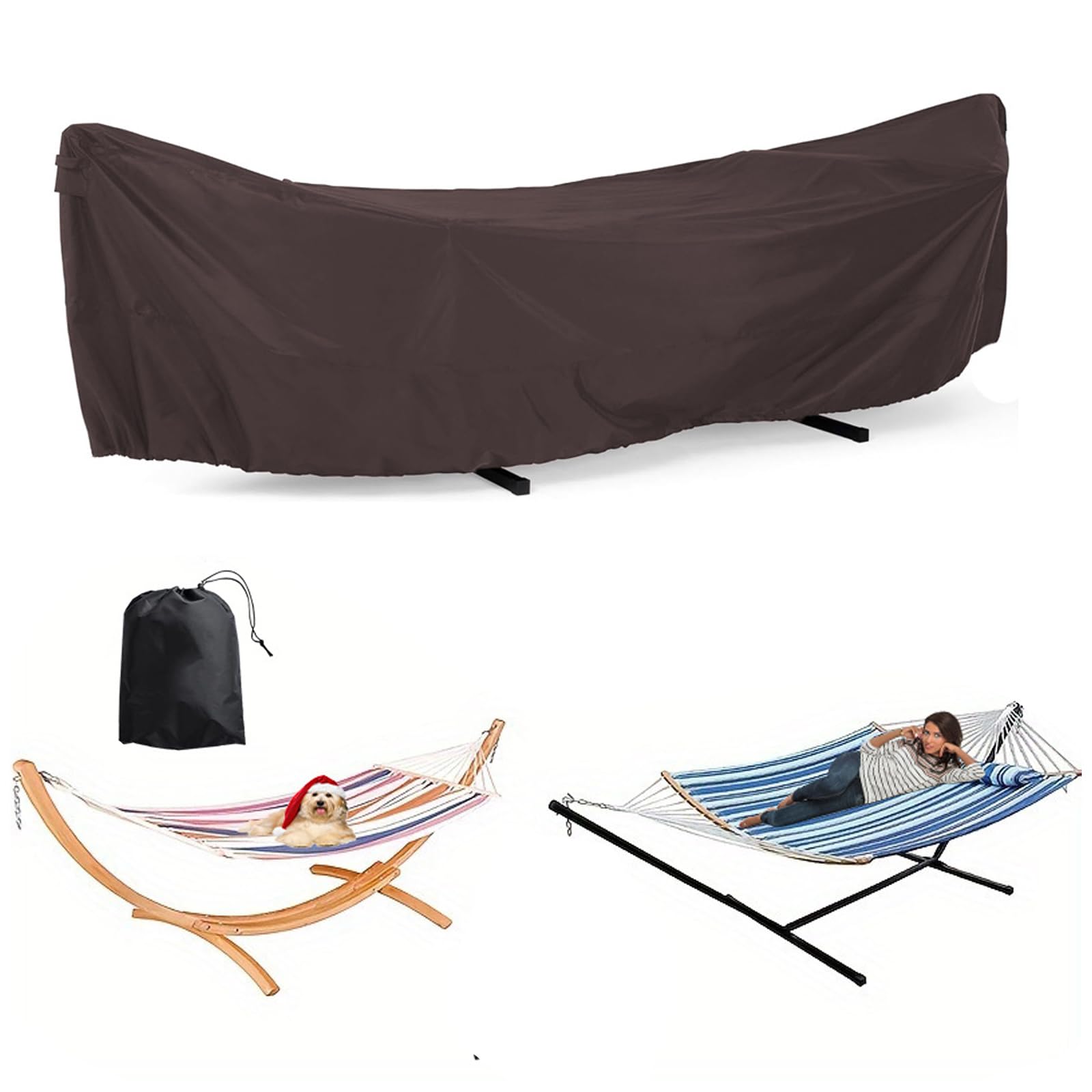 Housse de hamac imperméable avec sac de rangement – Bâche Oxford 210D durable pour extérieur, support de hamac de jardin, taille réglable, 370 x 140 x 93 cm, couleur marron