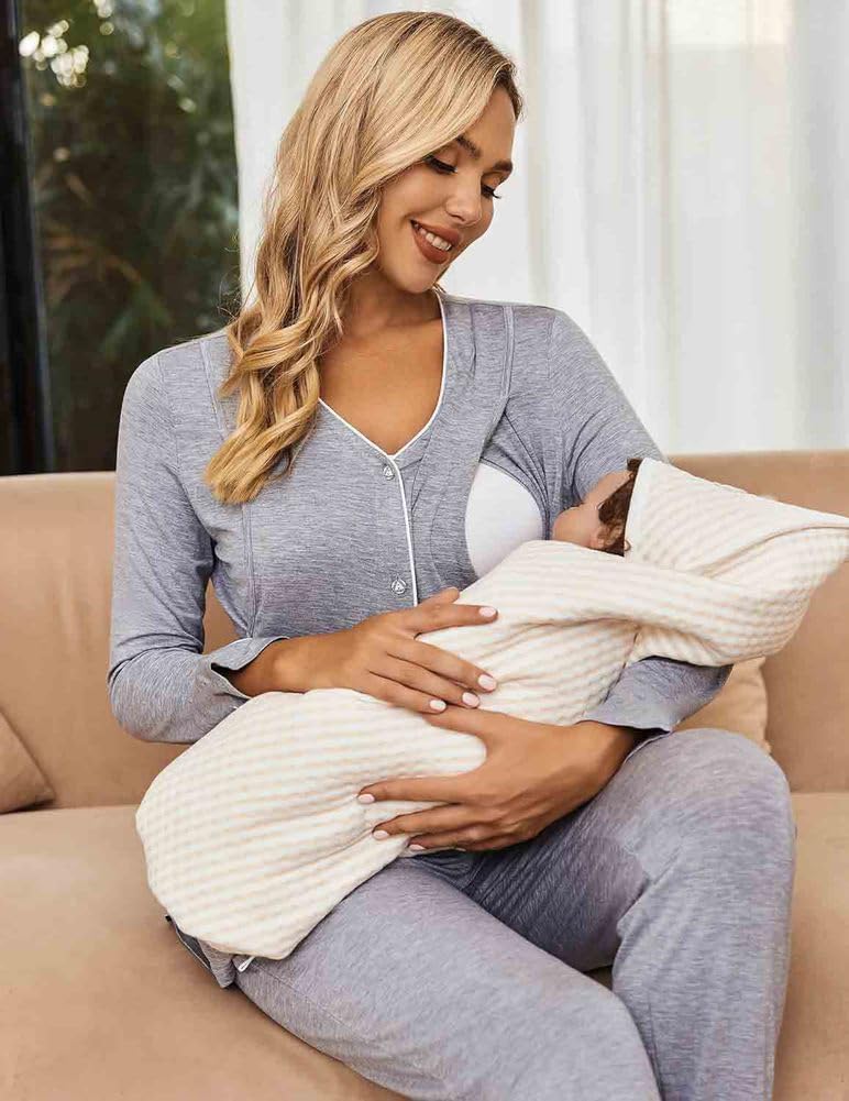 Pigiama al Seno di maternità Set per Donne, Camicia A Maniche Lunghe A Strisce, Vestiti da Notte, Indumenti da Notte Infermieri per Ospedale,Rosa,L