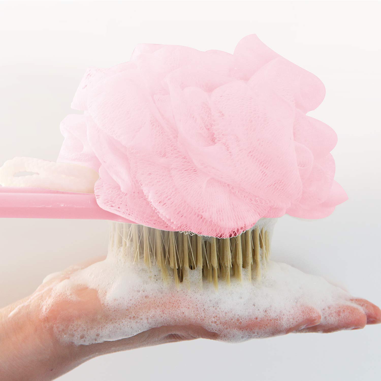 BEDELITE Upgraded Back Scrubber for Shower for Women & Men, Bath Body Brush with Mesh Sponge, Soft Bristles and Loofah, Ergonomic Wavy Long Handle, Skin Exfoliating Brushing Set for Wet or Dry, Pink