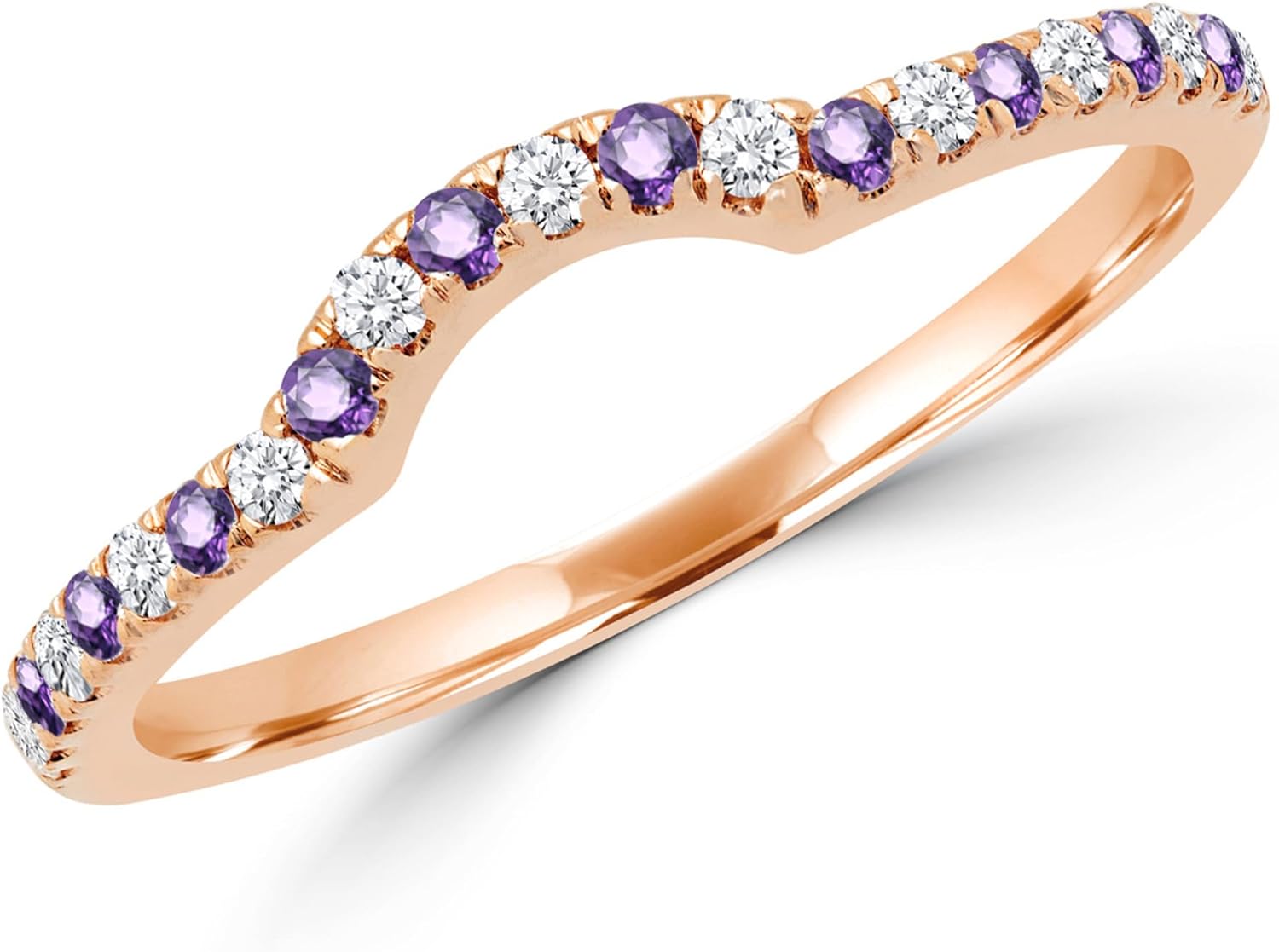 Alternate Round Cut Amethyst & White Diamond Chevron Curved Wedding Anniversary Matching Band For Women, 14K Gold Plated 925 Silver February Birthstone Amethyst Coutour Ring