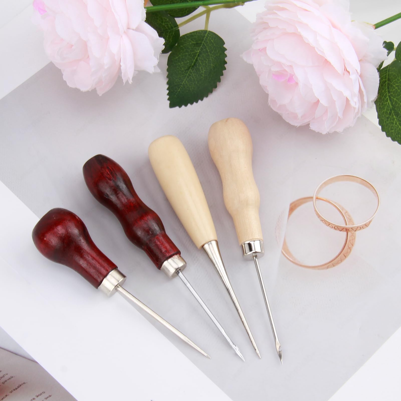 Kit 4 Alênes à Coudre Le Cuir - Poinçons Avec Manches En Bois - Outils De Maroquinerie Pour Percer Et Préparer La Couture