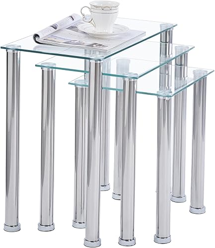 Miniatura 4 de Juego de 3 mesas anidadas de cristal para sala de estar, juego de 3 mesas auxiliares para sofá lateral, mesa auxiliar anidable para sofá, moderna