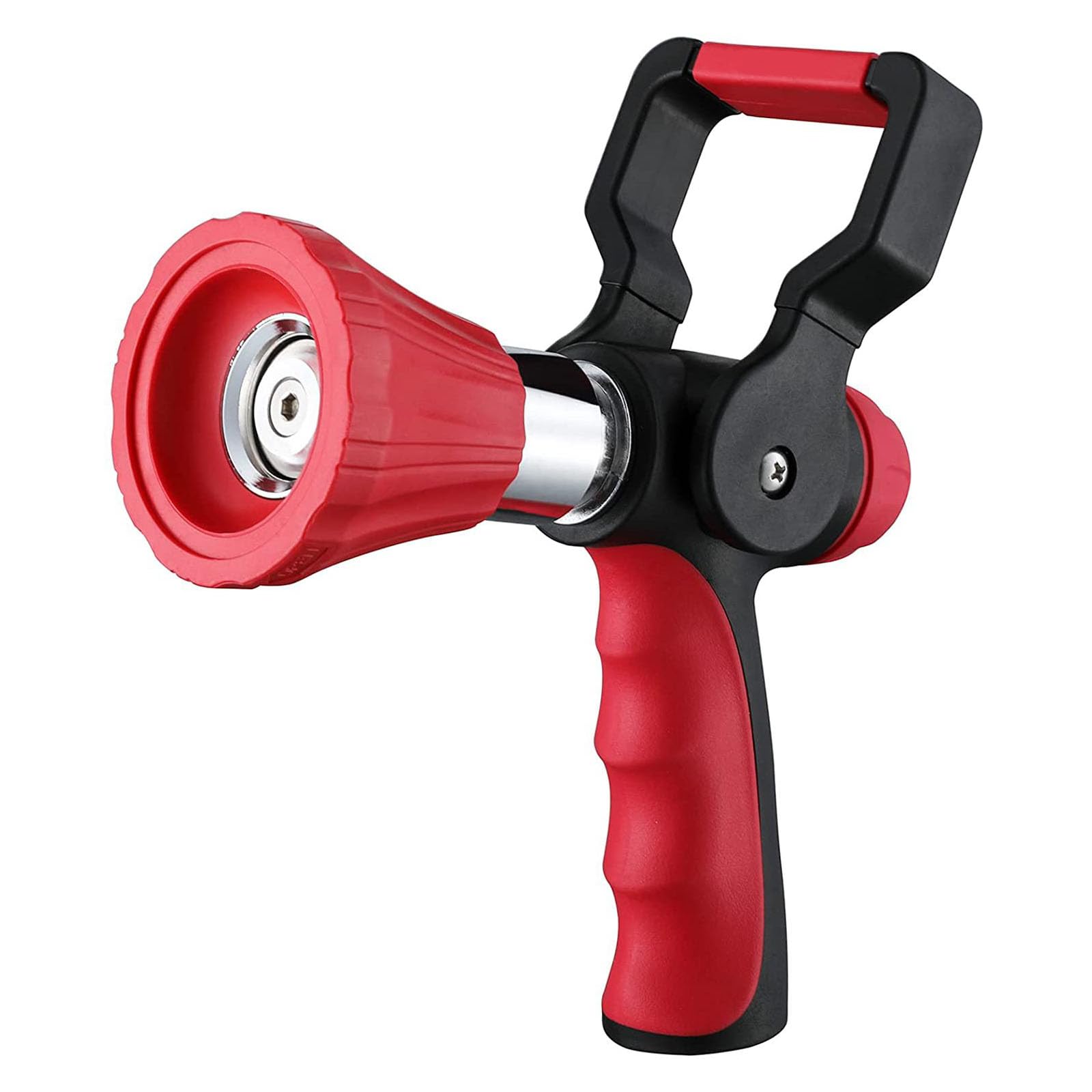 Professional firefighter hose attachment features industrial strength hose nozzle with rugged construction and ergonomic grip for outdoor use