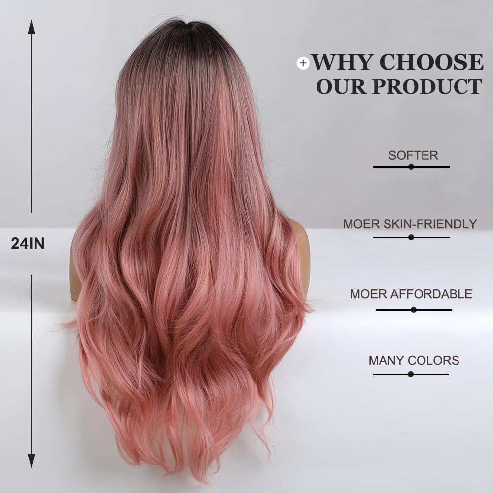 Esmee 24"Women Synthetic Wigs Natural Long Wavy Ombre Pink with Dark Roots&Fluffy Air Bangs Light Cosplay Party Wigs