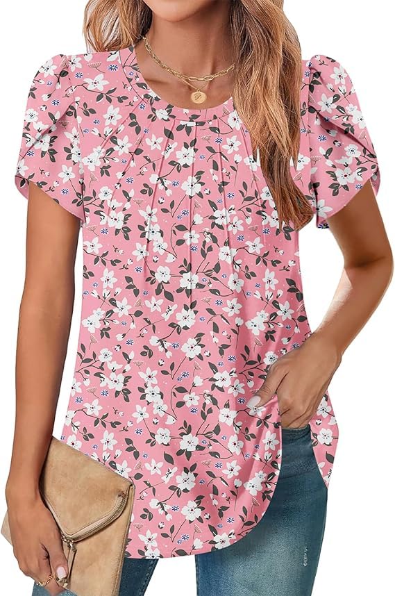 Image of Zeagoo Womens Tops Petal Short Sleeve Summer Casual Dressy Shirts Floral Solid Blouse Pleated Tunics S-XXL